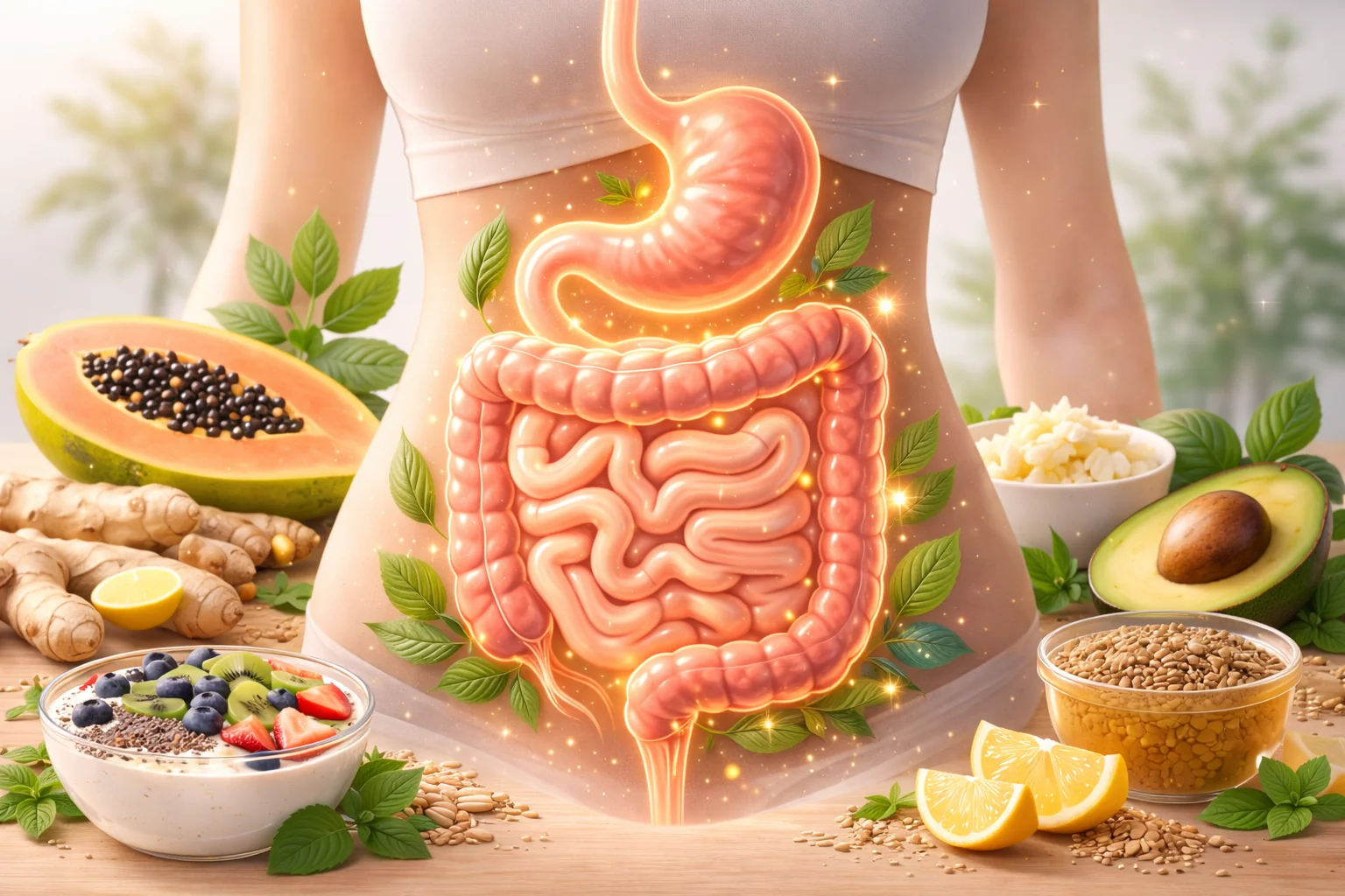Transparent digestive system overlay on woman's torso with healthy foods including papaya, ginger, avocado and yogurt for natural digestive health remedies