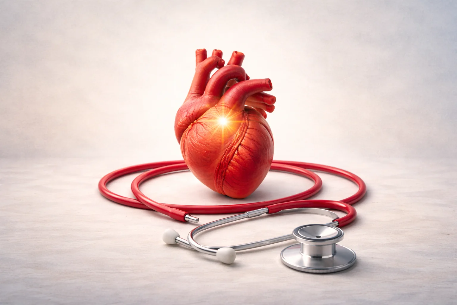 Realistic human heart model with glowing light center and stethoscope on white surface representing natural cardiovascular health and heart wellness