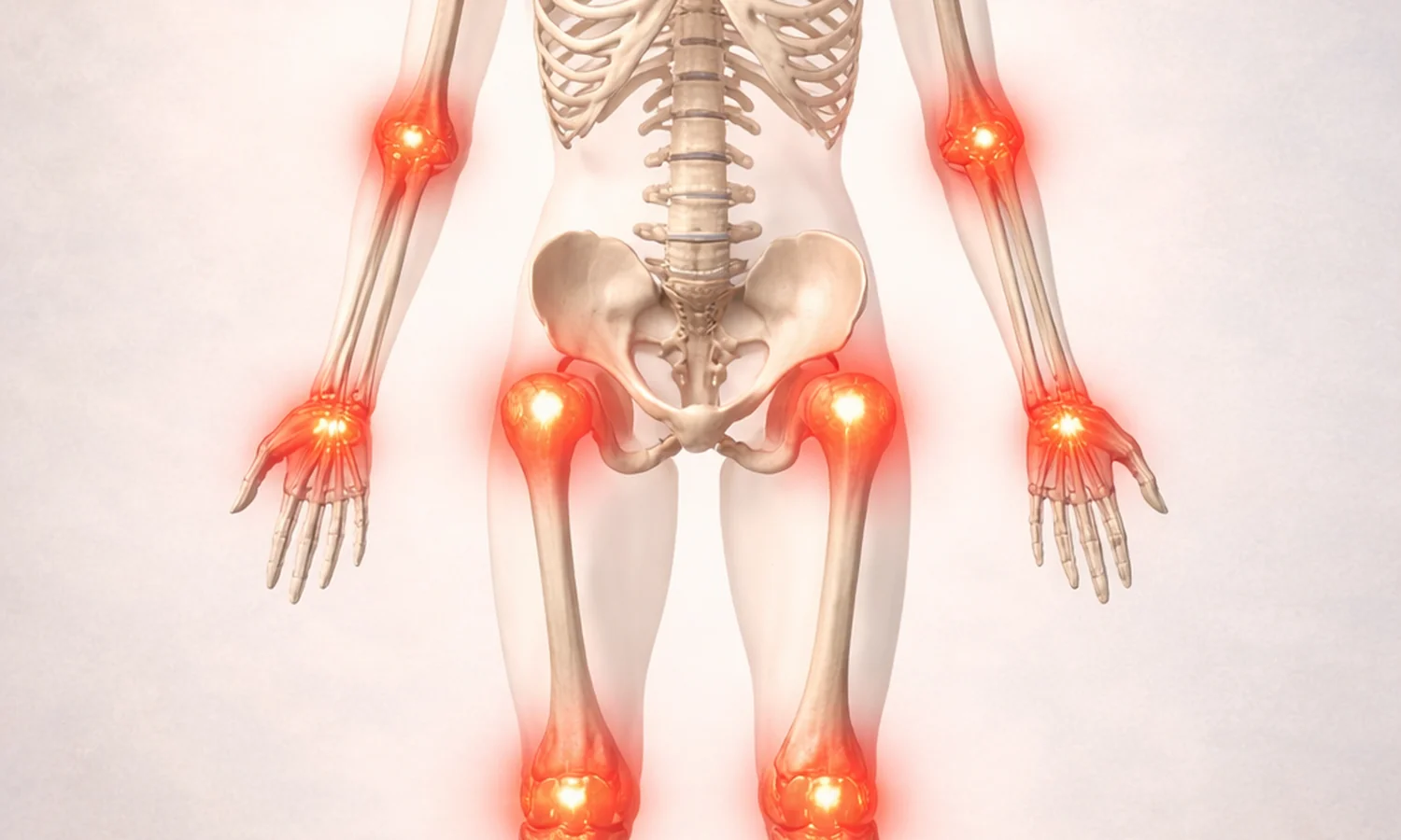 Anatomical skeleton showing glowing red inflammation points at major joints including elbows, wrists, hips, knees and ankles representing joint pain and inflammatory conditions