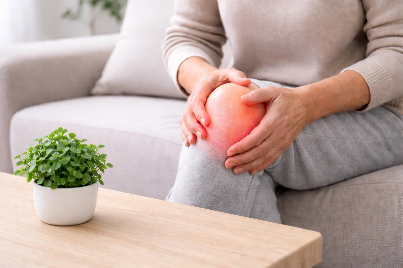 Woman holding knee with visible red inflammation area while sitting on couch, depicting natural joint pain relief remedies