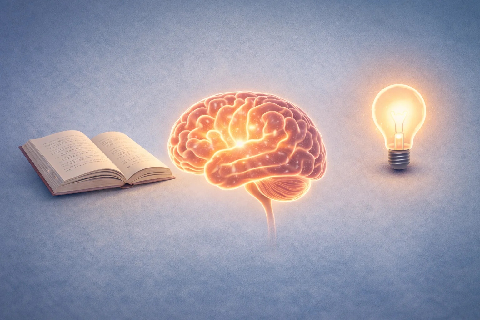 Glowing brain with open book and illuminated lightbulb representing mental clarity, focus and cognitive enhancement through natural remedies